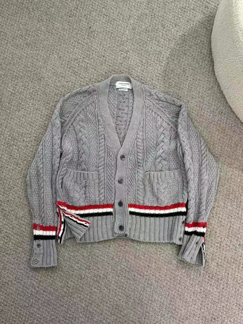 Thom Browne Thom Browne Gray Cable Knit Cardigan- dmc Size US M / EU 48-50 / 2 - 1 Thumbnail