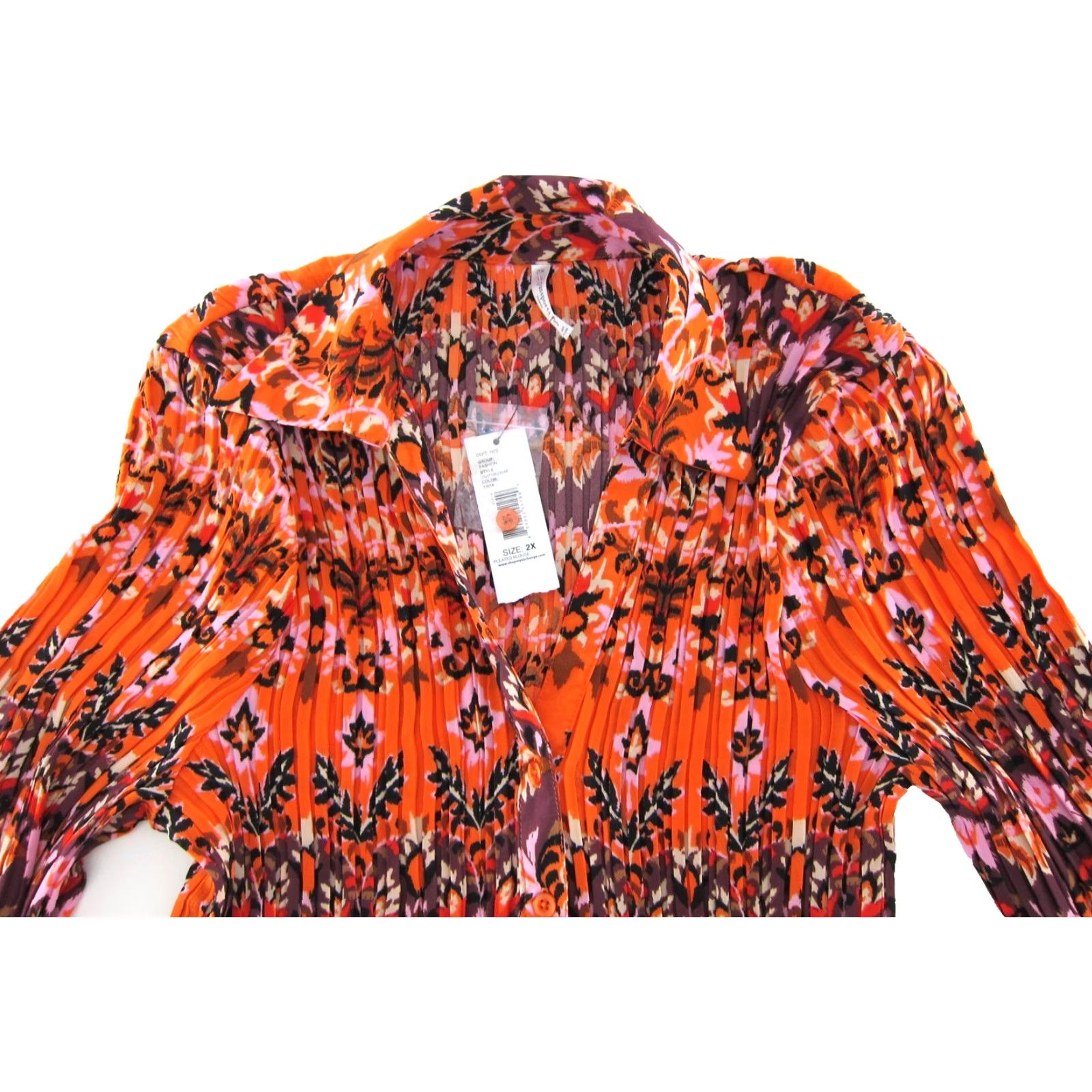 Vintage NWT Passports Blouse 3/4 Sleeve Button Up Pleated Floral Orange 2X Women Size XXL / US 16-18 / IT 52-54 - 4 Thumbnail