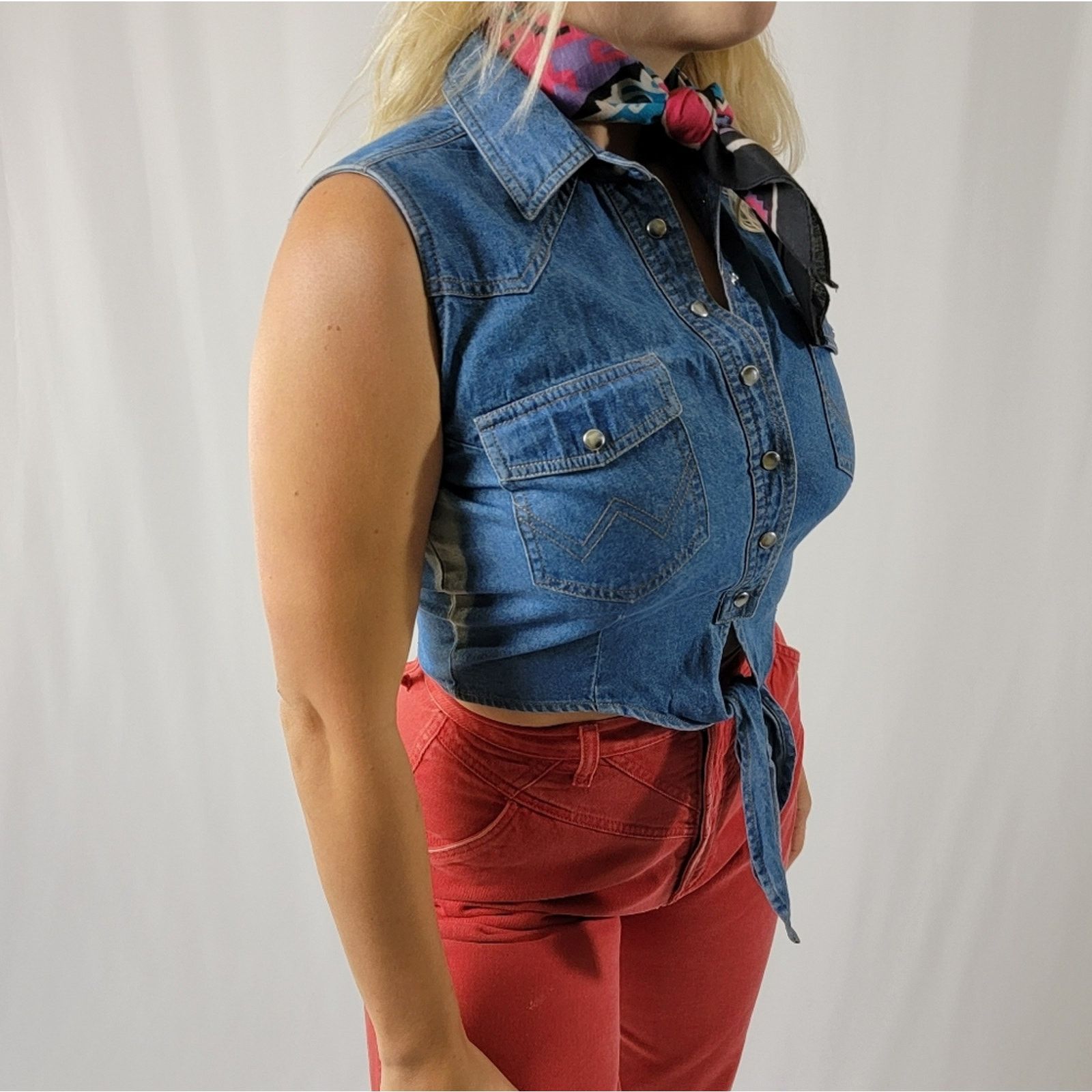 NEW 70's Wrangler Denim Pearl Snap Crop Tie Front Vest