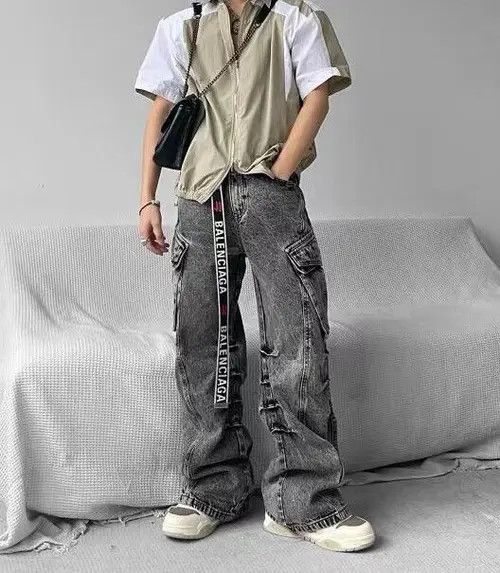 image of Retro Washed Distressed Multi-Pocket Cargo Jeans in Grey, Men's (Size 32)