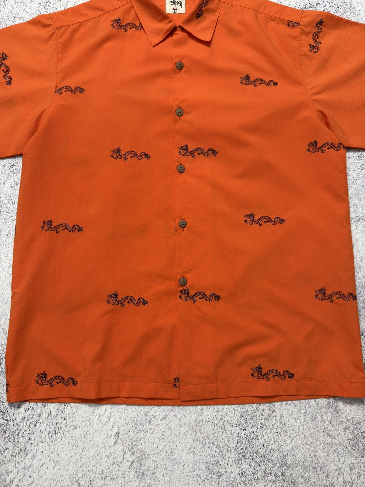 Stussy 🔥VINTAGE Y2K STUSSY DRAGON ORANGE BUTTON UP SHIRT Size US XL / EU 56 / 4 - 3 Thumbnail