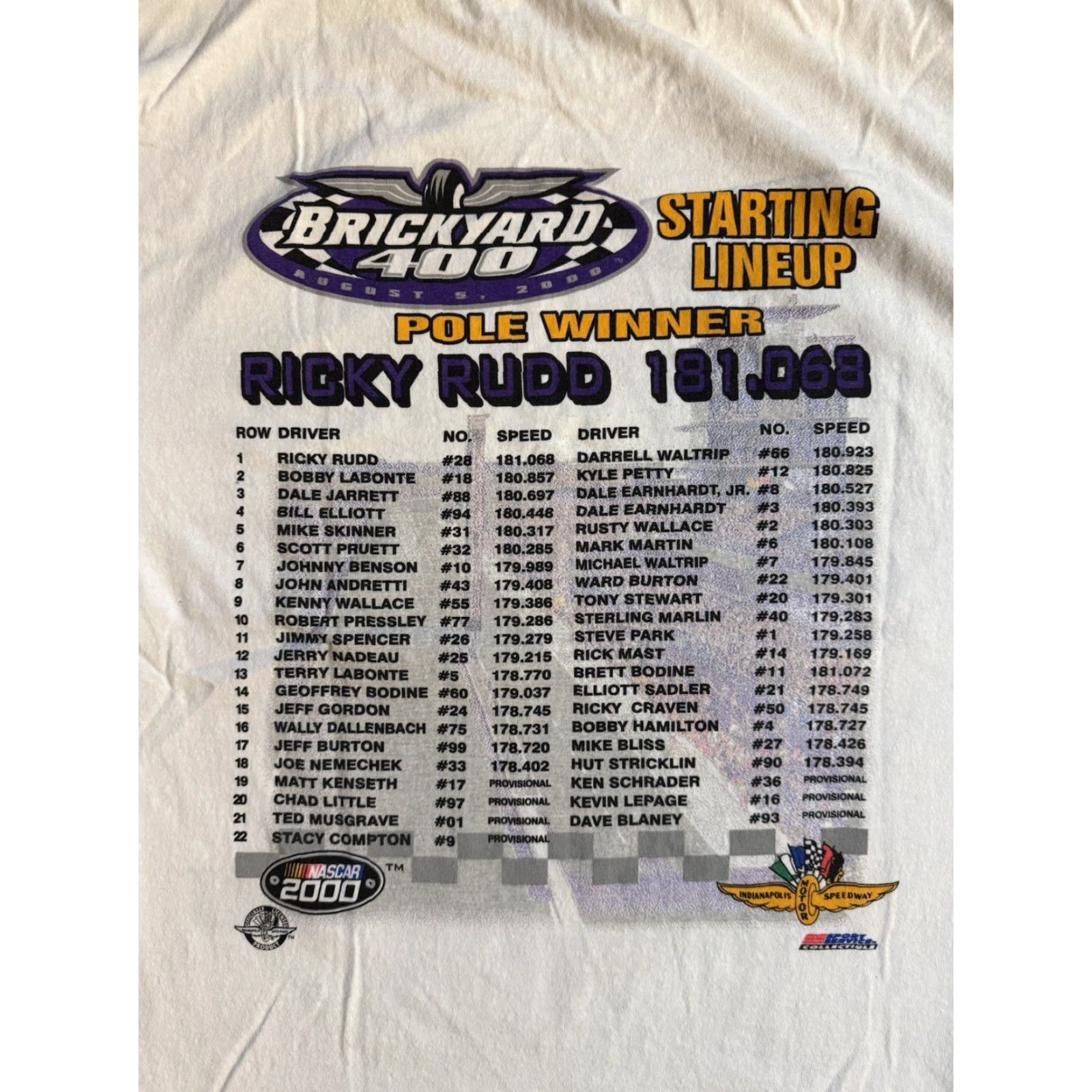 Jerzees VINTAGE 2000 NASCAR Brickyard 400 Winner Ricky Rudd T Shirt L Racing Cars Sports Shirt Men White Cotton Jerzees Logo Double-Sided Size US L / EU 52-54 / 3 - 4 Thumbnail
