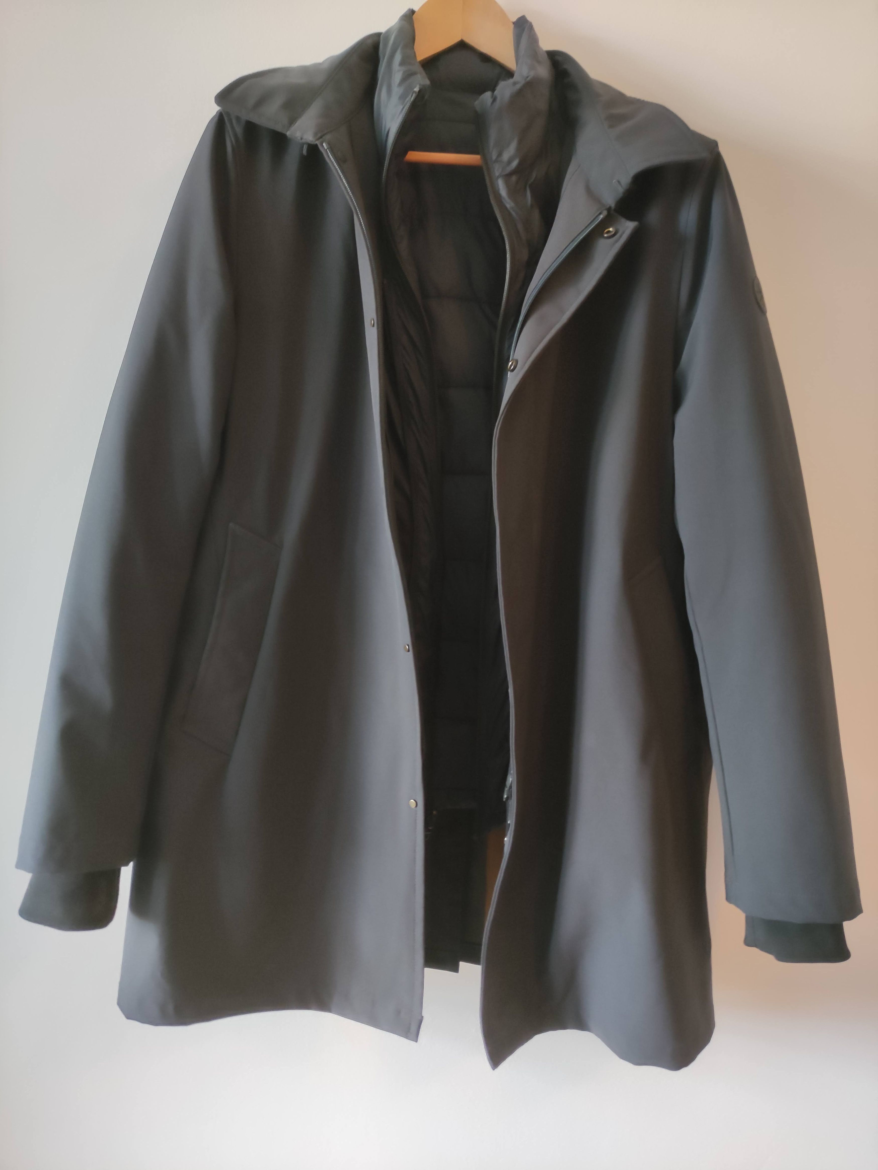 Coat in neoprene caban coat with removable bib