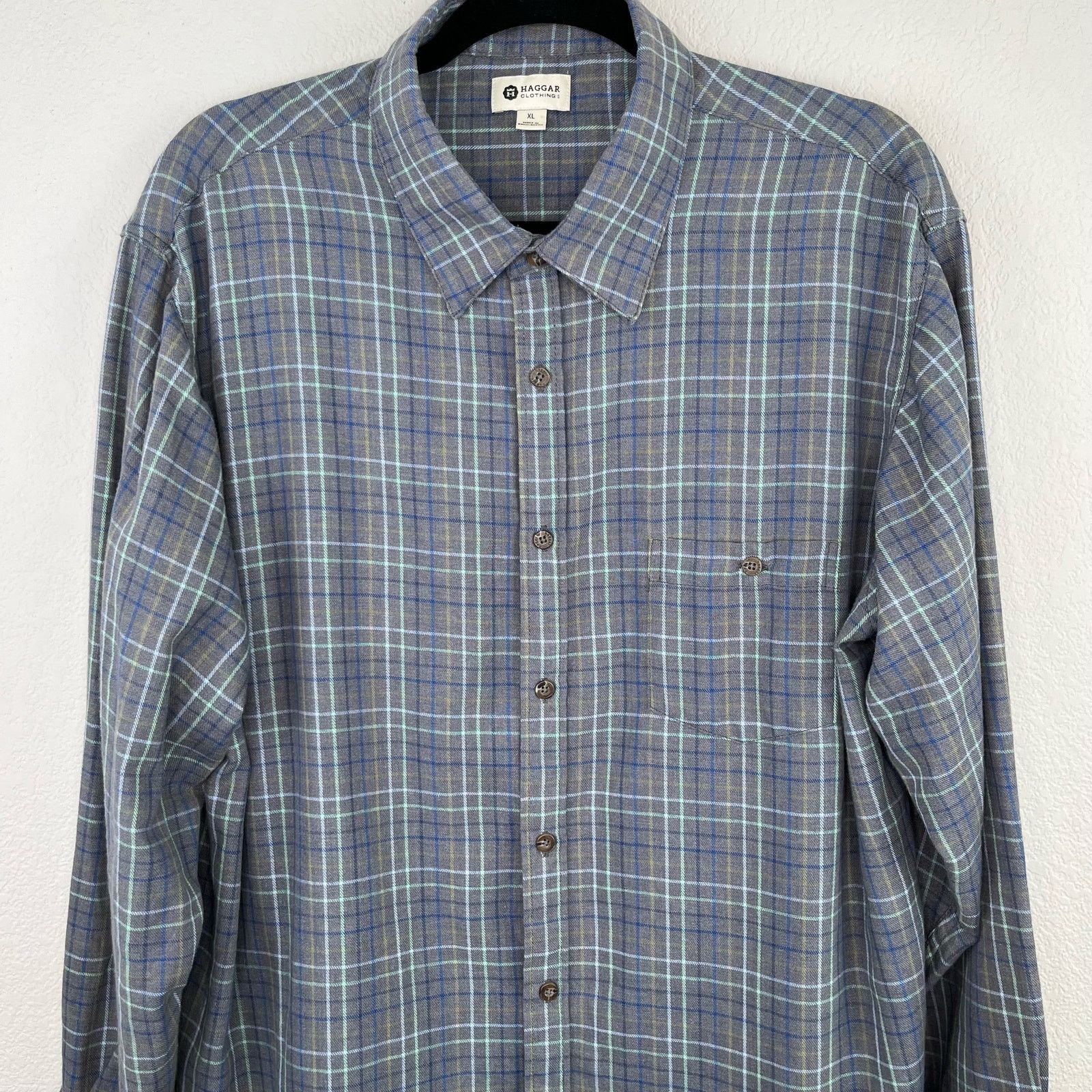 Flannel Haggar Long Sleeve Gray Button Front Plaid Flannel Shirt Size US XL / EU 56 / 4 - 4 Thumbnail