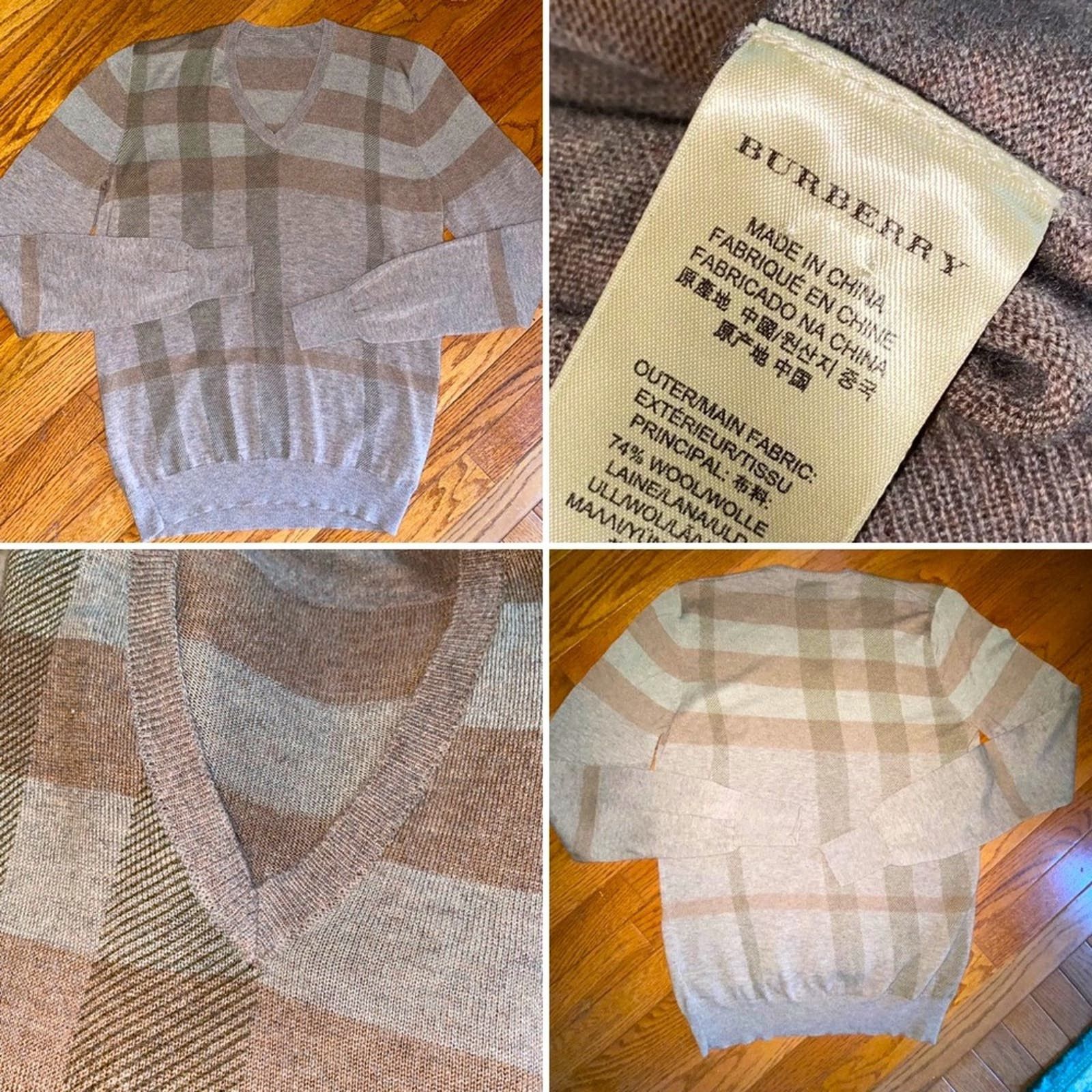 image of Burberry Womens Nova Check Wool Cashmere V Neck Sweater S in Brown (Size Small)