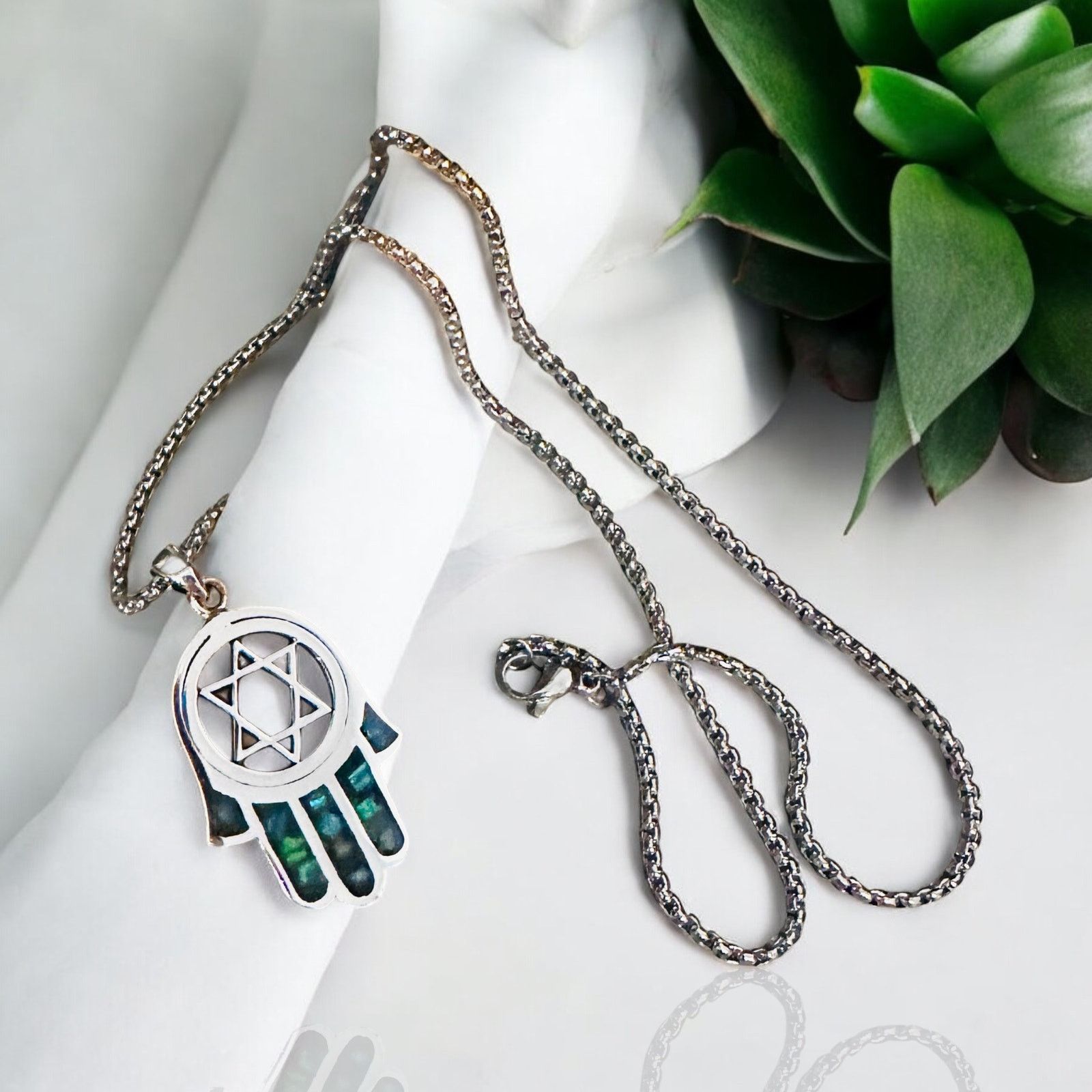 The Unbranded Brand Sterling Silver Hamsa Pendant with Lab Opal & Star of David Size ONE SIZE - 1 Thumbnail