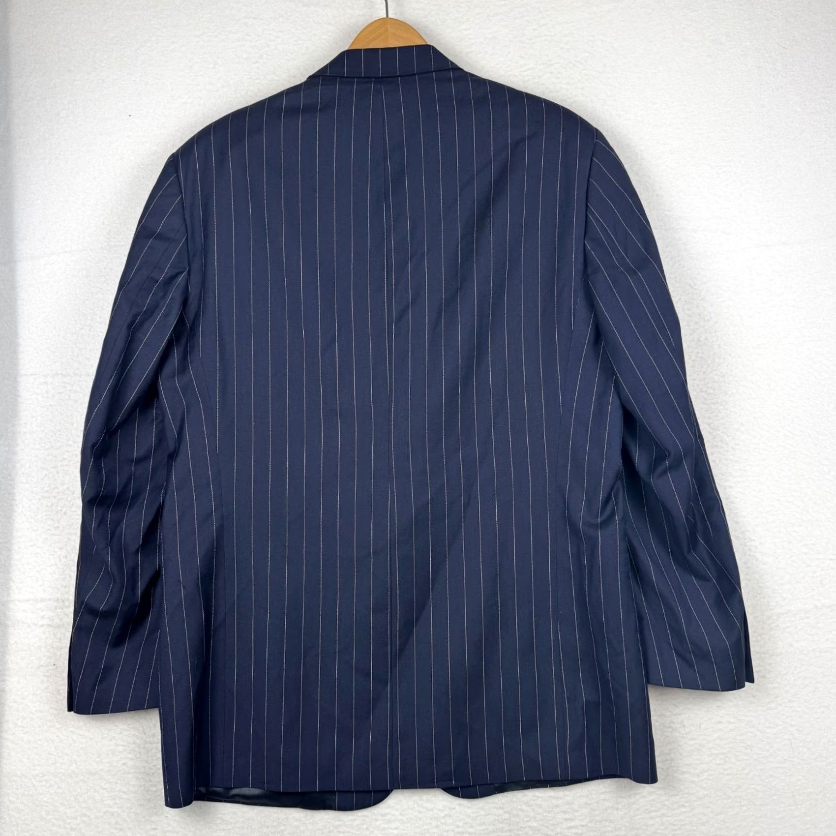 Vintage Bachrach Blazer Shirt: Mens 43 L Pisa Navy Blue Pin Stripe Super 120s Wool Silk Blazer Two Piece Notch Lapel 3-Button 4-Button Sleeve Size 46R - 6 Thumbnail