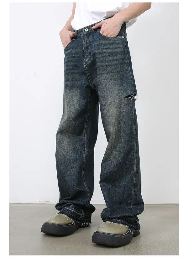 Japanese Brand Distressed straight loose wide-leg versatile ripped jeans Size US 32 / EU 48 - 3 Thumbnail