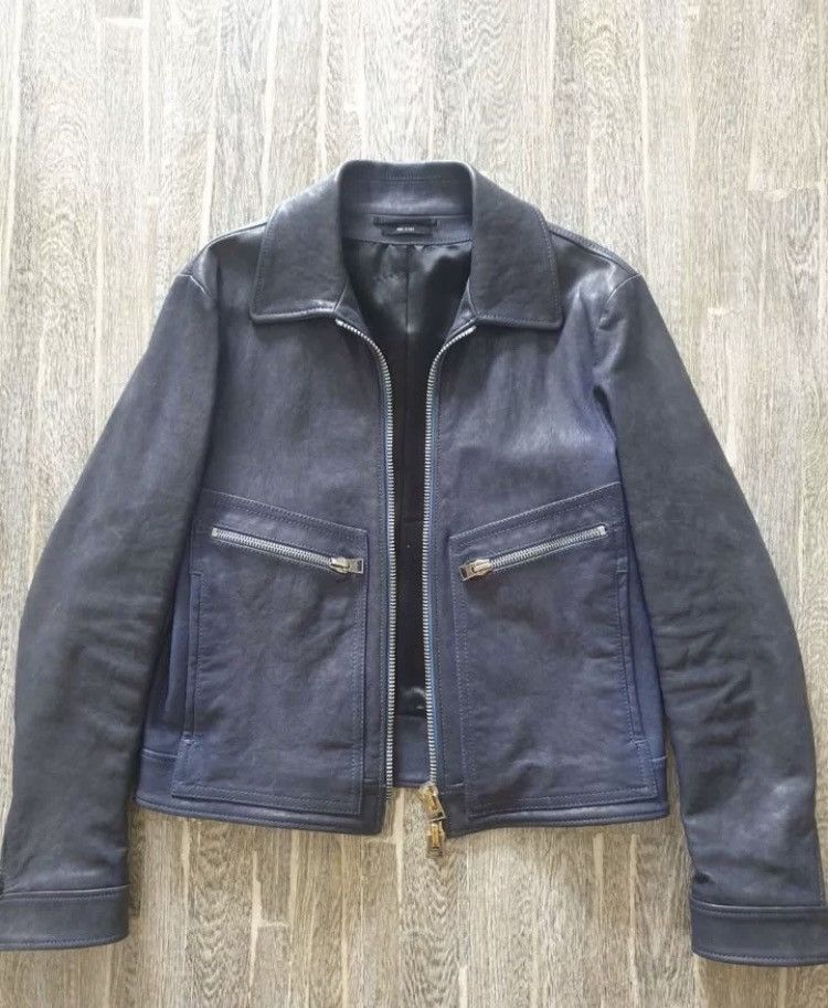 image of Grail! Tom Ford Leather Pocket Biker Blue Jacket, Men's (Size Large)