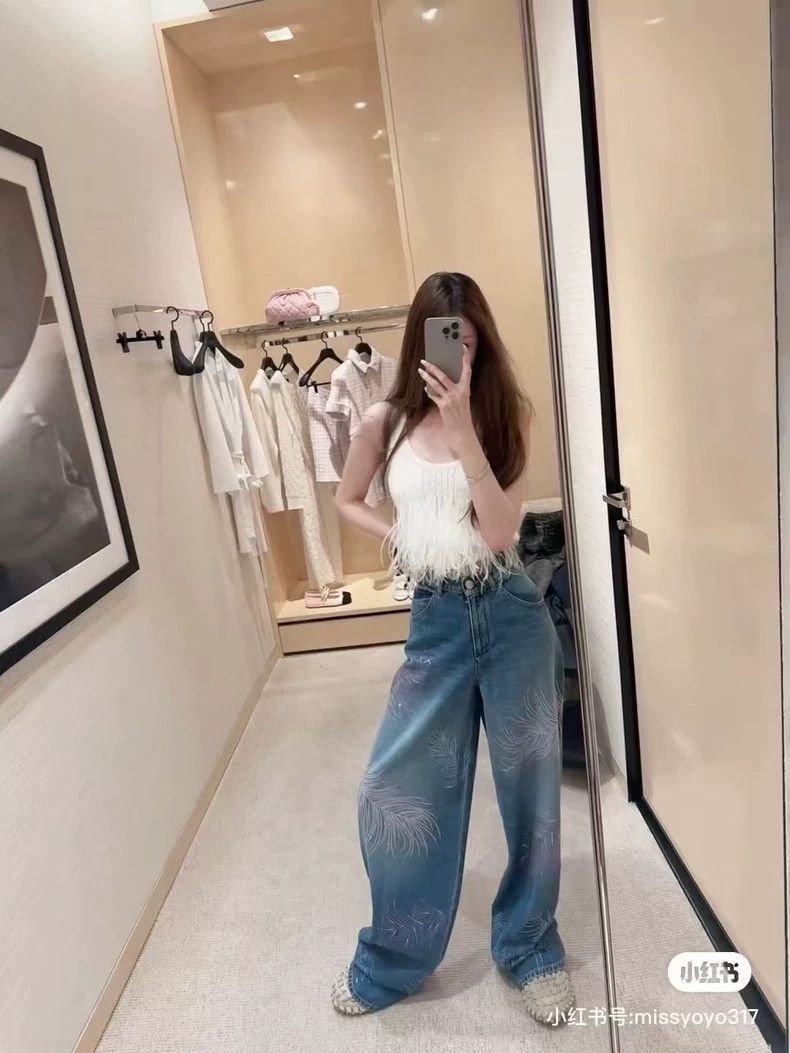 Chanel Chanel 25S blue feather rhinestone jeans wide-leg pants Size 42" / US 20 - 3 Thumbnail