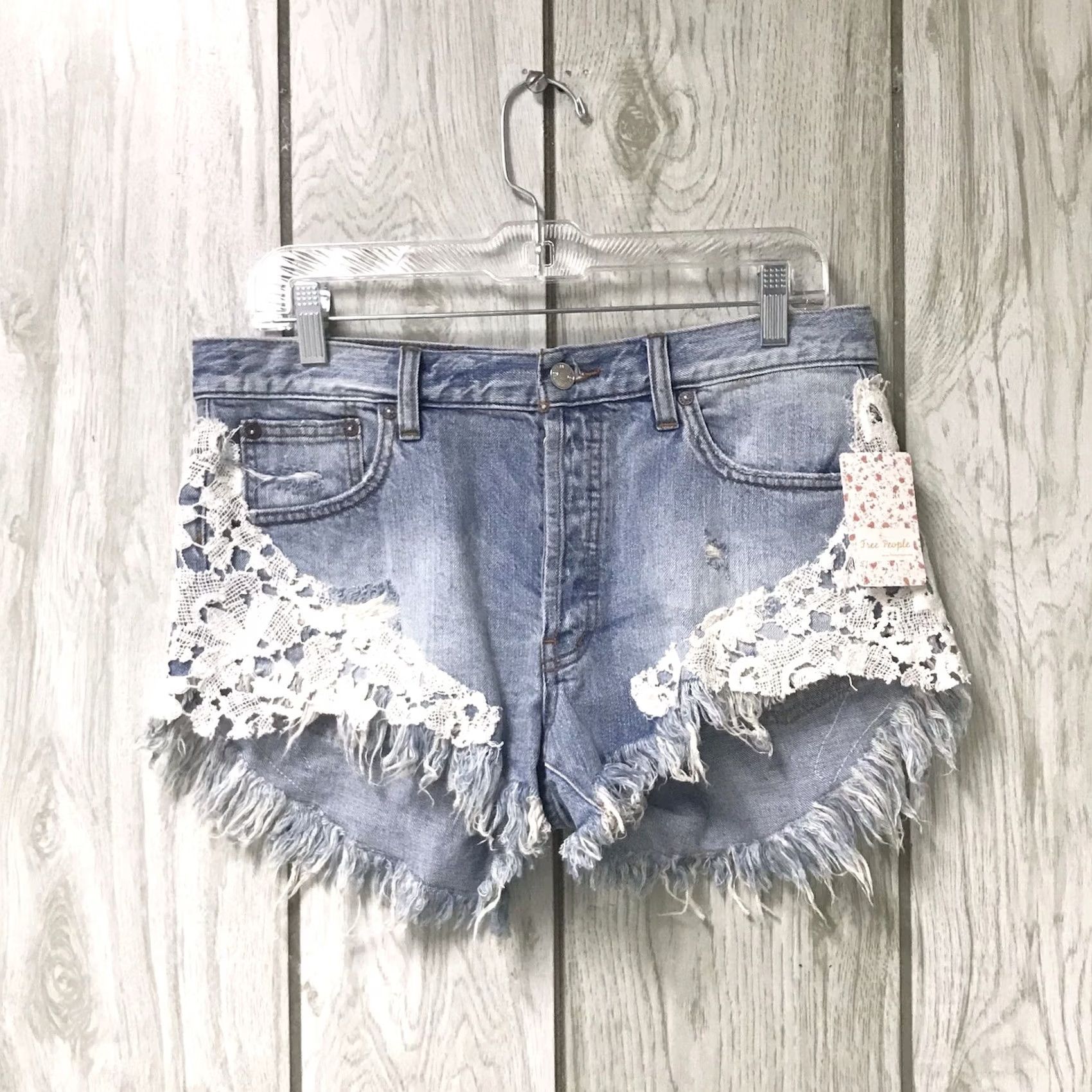 Free People Free People Denim Shorts Blue 28 Regular 4.5 in Inseam Distressed Frayed Hi-Low Lace 5-Pocket Boho Hipster Beach Festival Button Zipper Non N/A Size 28" / US 6 / IT 42 - 2 Thumbnail