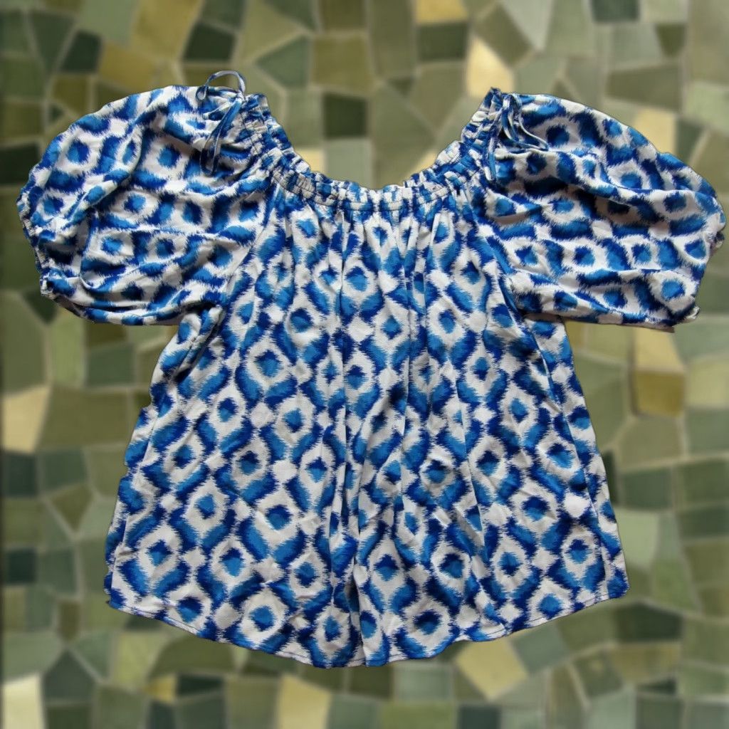 Vintage NWT Knox Rose Blue White Geometric 100% Rayon Puff Sleeve Smock Tunic Blouse XS Size XS / US 0-2 / IT 36-38 - 1 Thumbnail
