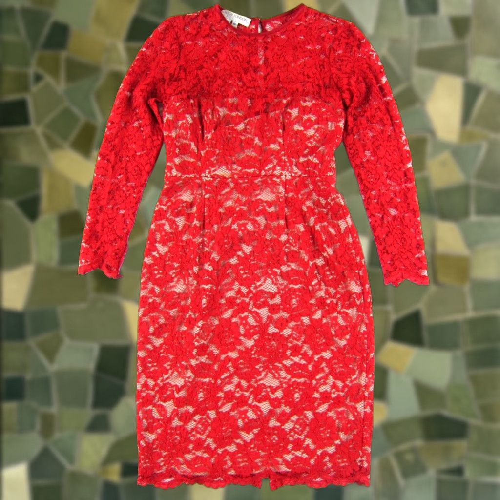MAGGY LONDON VINTAGE Maggy London Red Lace Floral Long Sleeve Sheath Dress Women Petite 4P Size S / US 4 / IT 40 - 1 Thumbnail