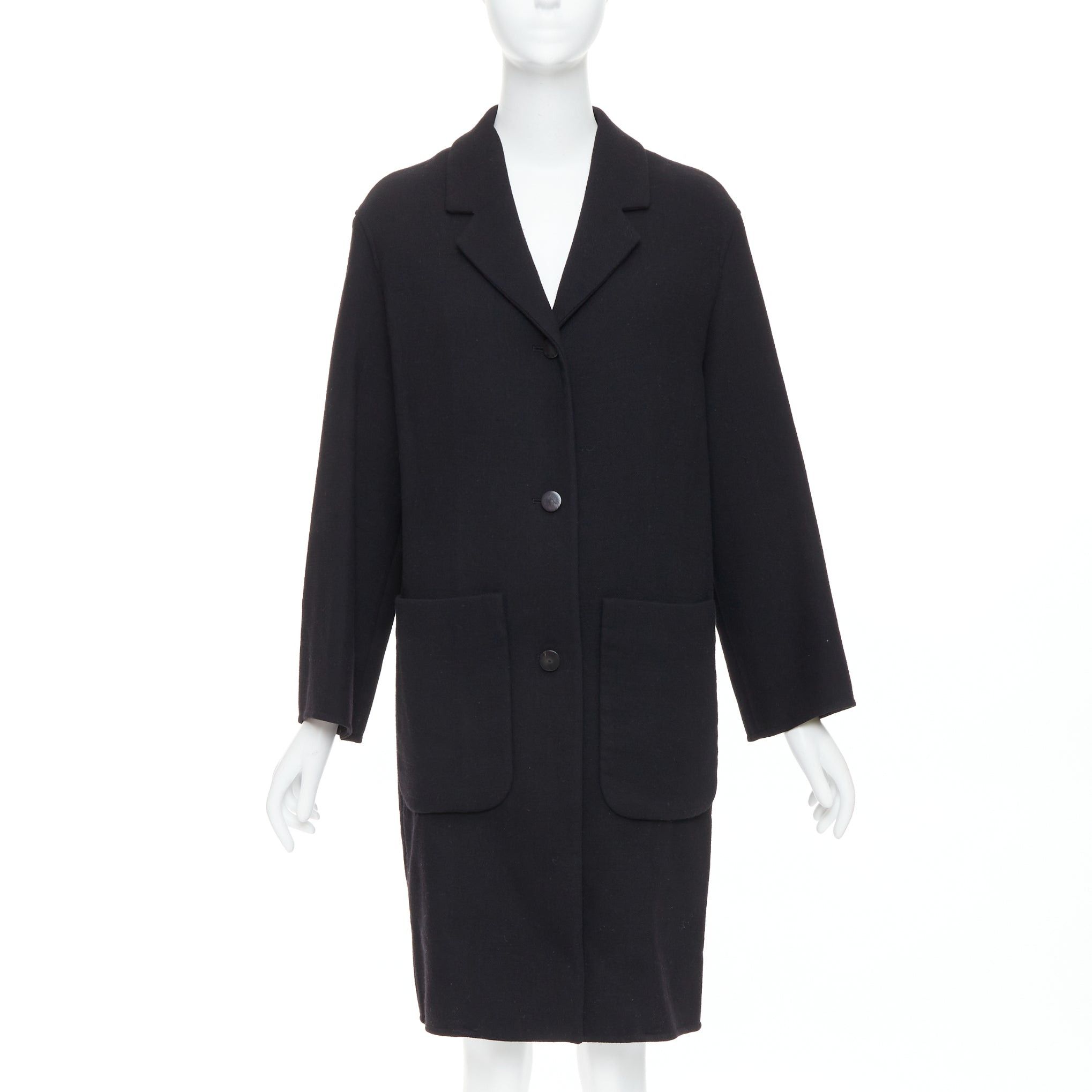HERMES black virgin wool blend H logo buttons patch pocket coat FR36 S