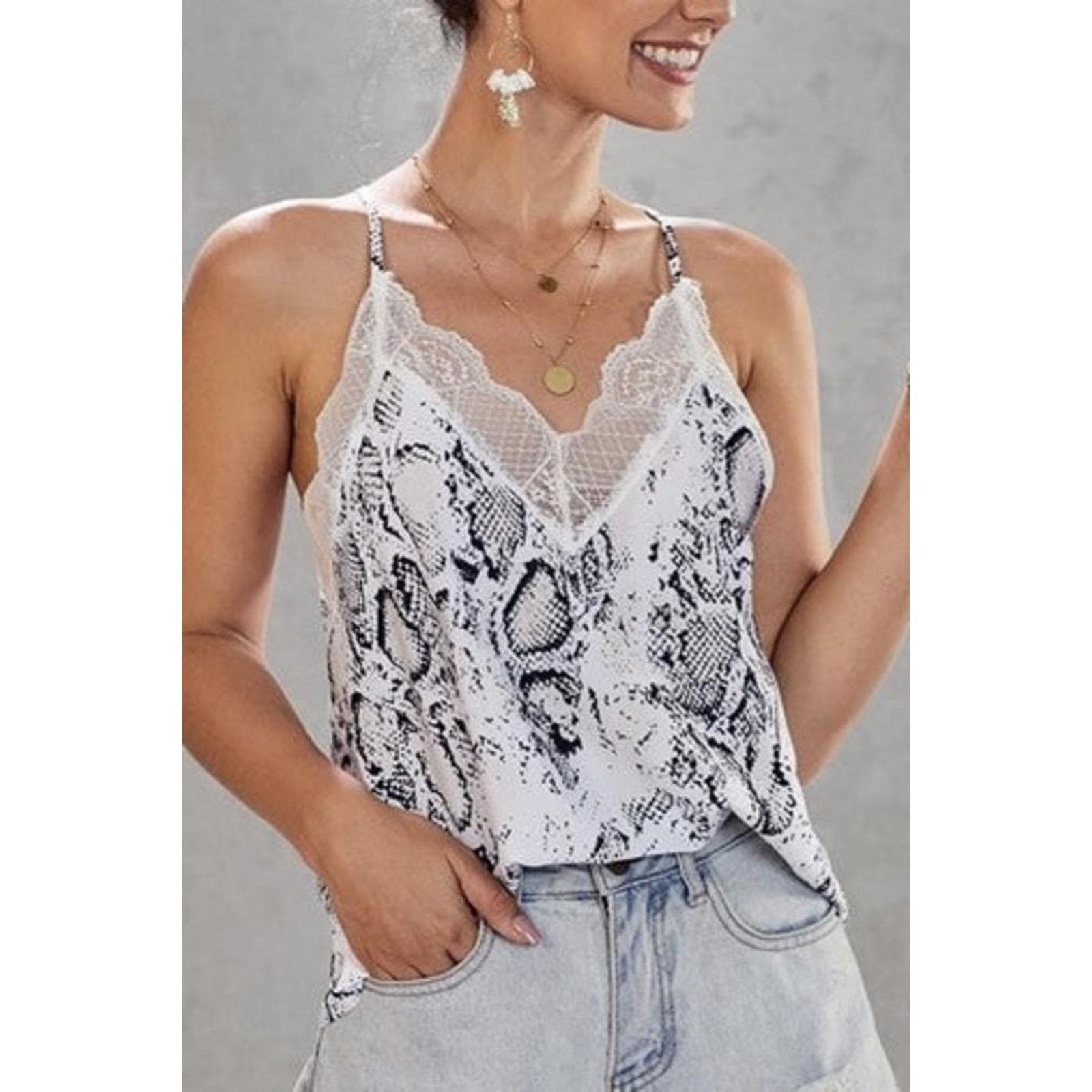 Other NEW Black & White Lace Snake Print V-Neck Blouse Top SMALL Size S / US 4 / IT 40 - 1 Thumbnail