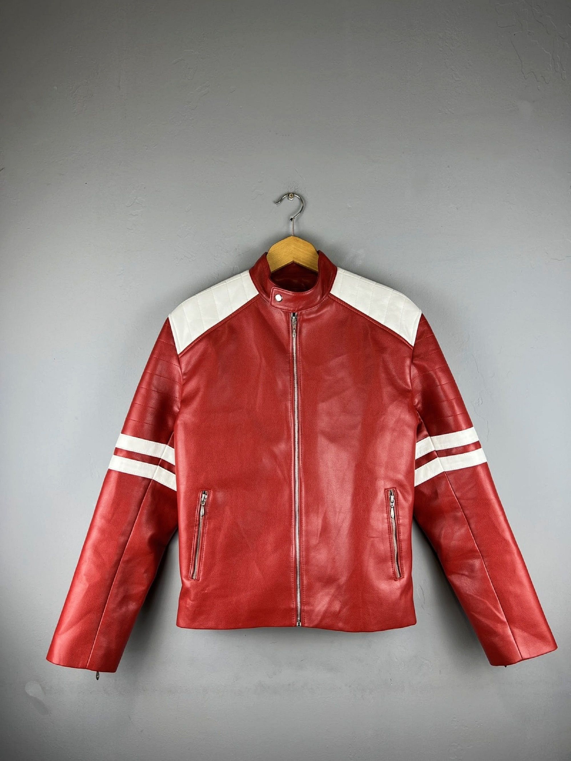Other 🔥💀 Red Men's Retro Leather Jacket Streetwear Y2K Size US L / EU 52-54 / 3 - 1 Thumbnail