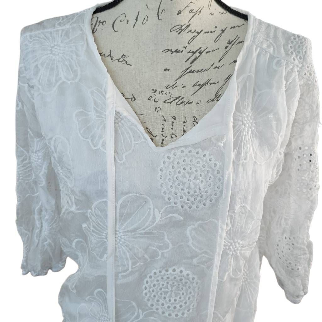 Anthropologie Kindred Women's Size Petite Large White Sheer Floral Embroid Size L / US 10 / IT 46 - 5 Thumbnail