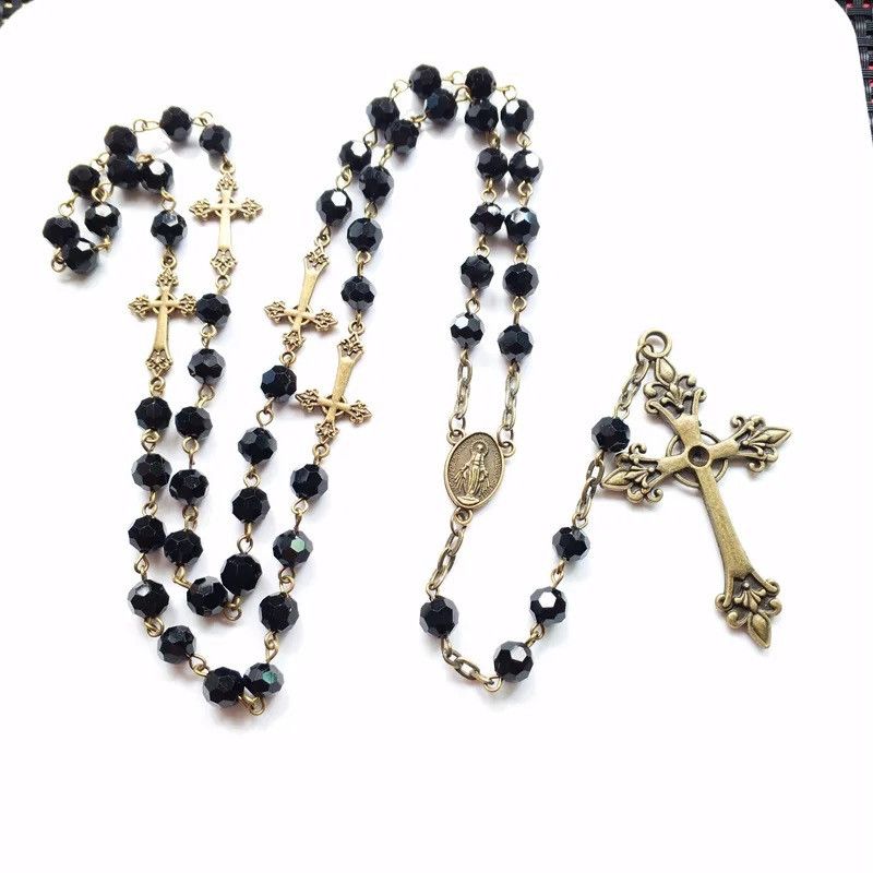 Jewelry Black Crystal Rosary Necklace Long Cross Pendant Size ONE SIZE - 1 Preview