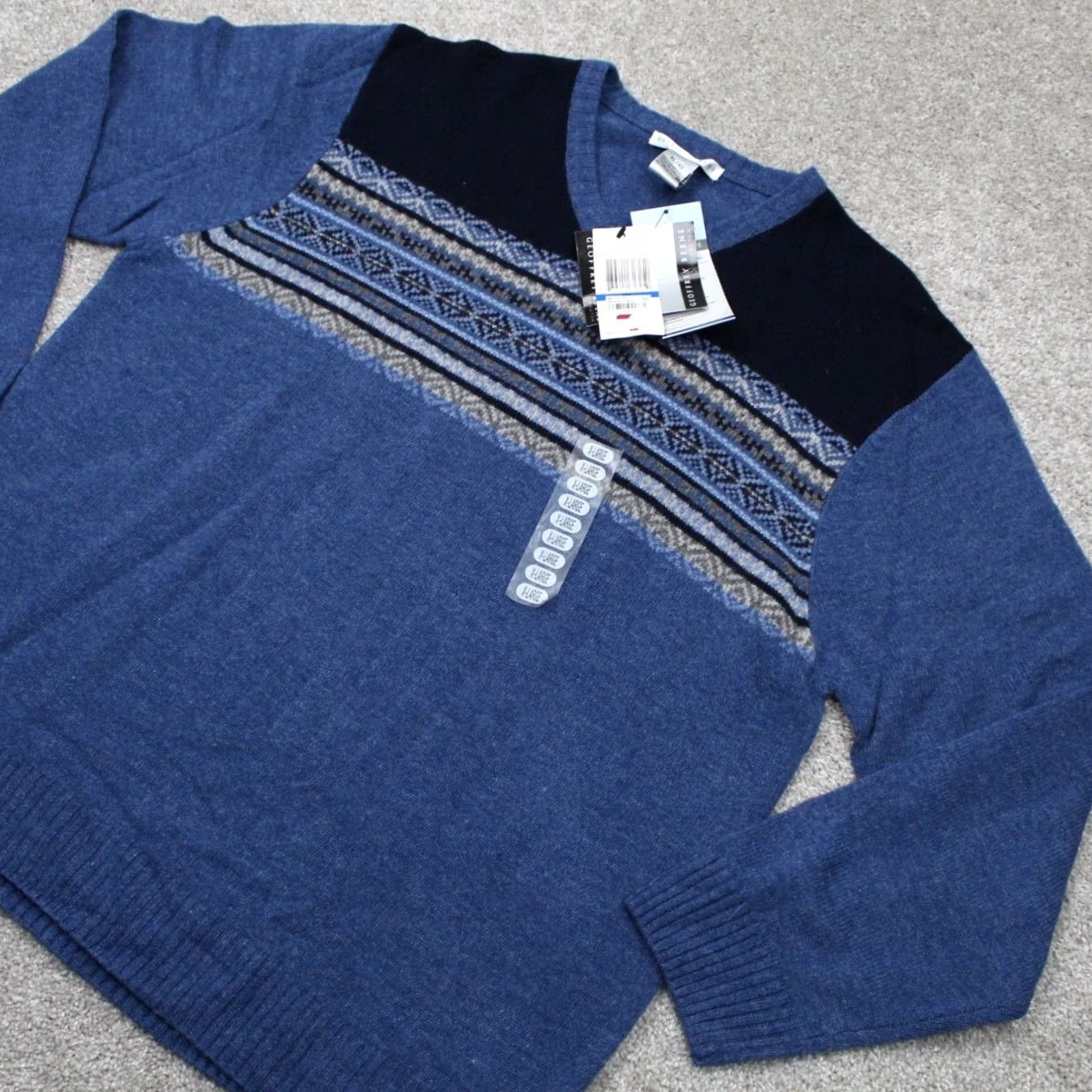 Geoffrey Beene Geoffrey Beene Sweater Mens XL Blue Geometric Lambswool V-Neck Pullover NWT Regular Knit Long Sleeve Geometric Pattern Wool Size US XL / EU 56 / 4 - 3 Thumbnail