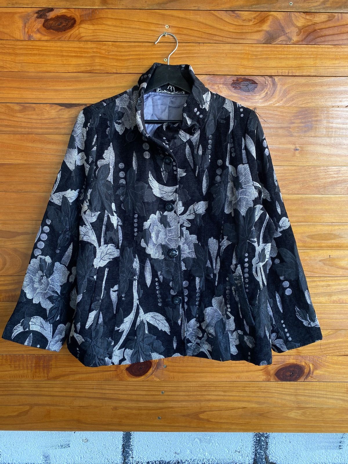 Japanese Brand Yoshiyuki Yama Women’s Black & Silver Floral Jacket Japan Size L / US 10 / IT 46 - 3 Thumbnail
