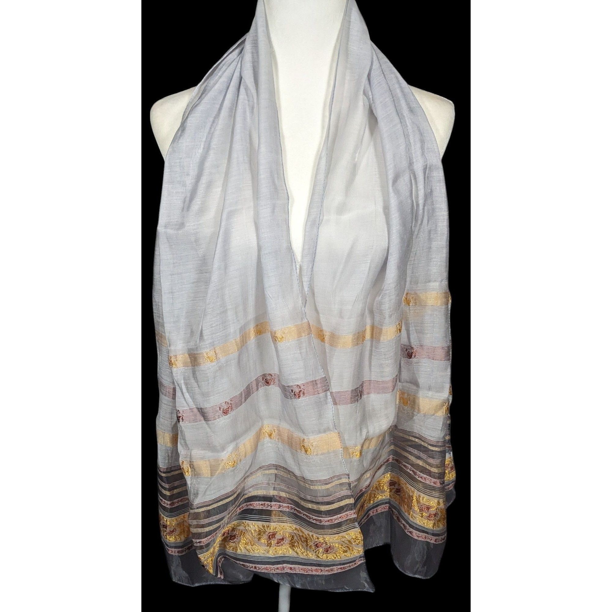 Other Semi Sheer Grey And Gold Metallic Striped Scarf Size ONE SIZE - 8 Thumbnail