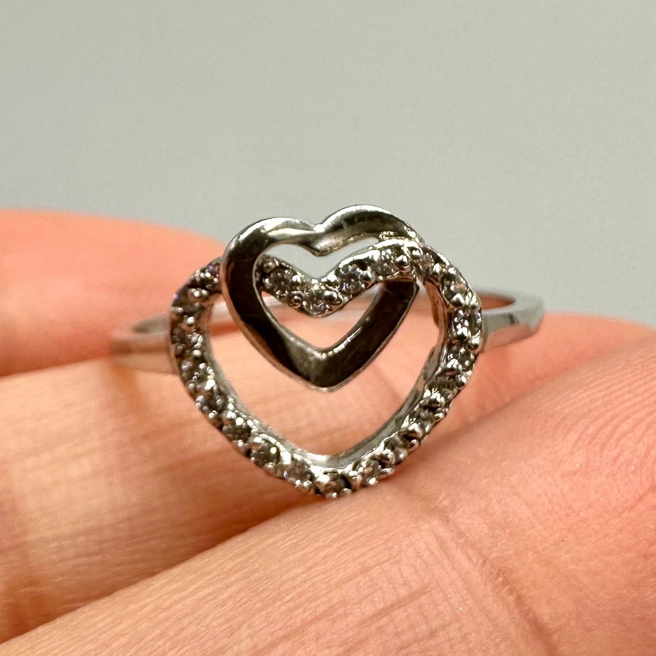 Sterling Silver Vintage 925 Sterling Silver Double Heart Ring Size ONE SIZE - 4 Thumbnail
