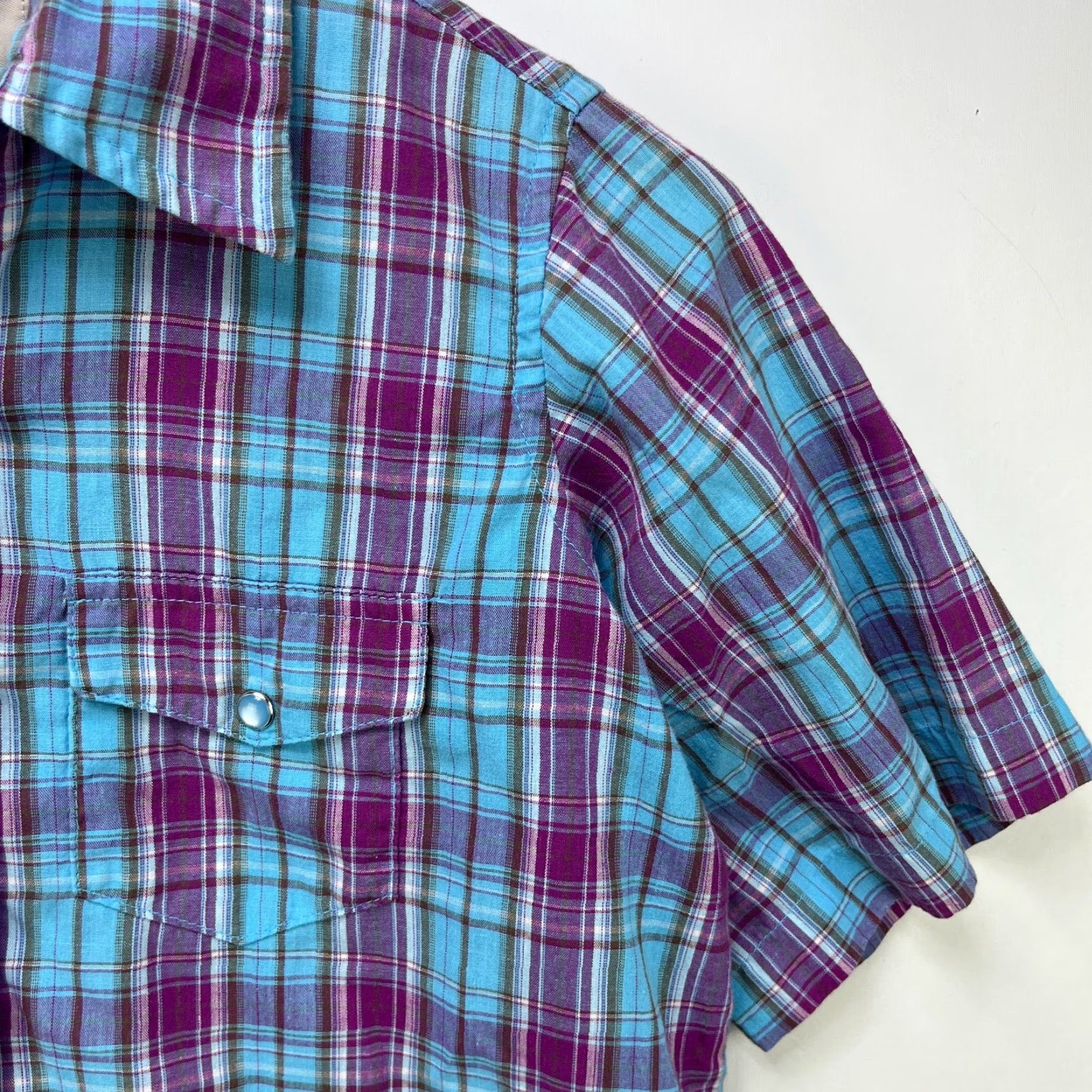 Wrangler VINTAGE Wrangler Pearl Snap Plaid Short Sleeve Shirt Women’s Small Blue Size S / US 4 / IT 40 - 3 Thumbnail
