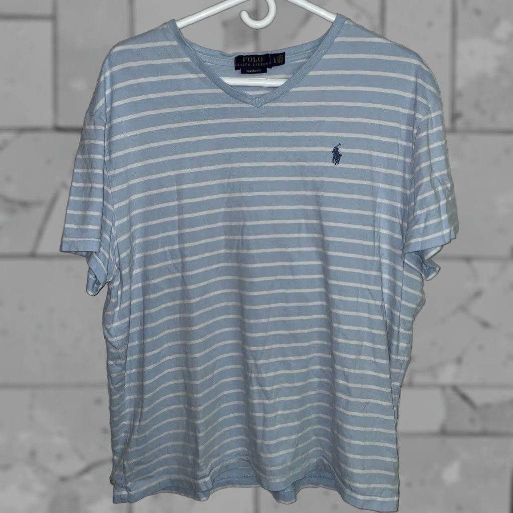 Polo Ralph Lauren Polo Ralph Lauren Classic Fit Striped V-Neck T-Shirt Mens Large Blue Size US L / EU 52-54 / 3 - 1 Thumbnail