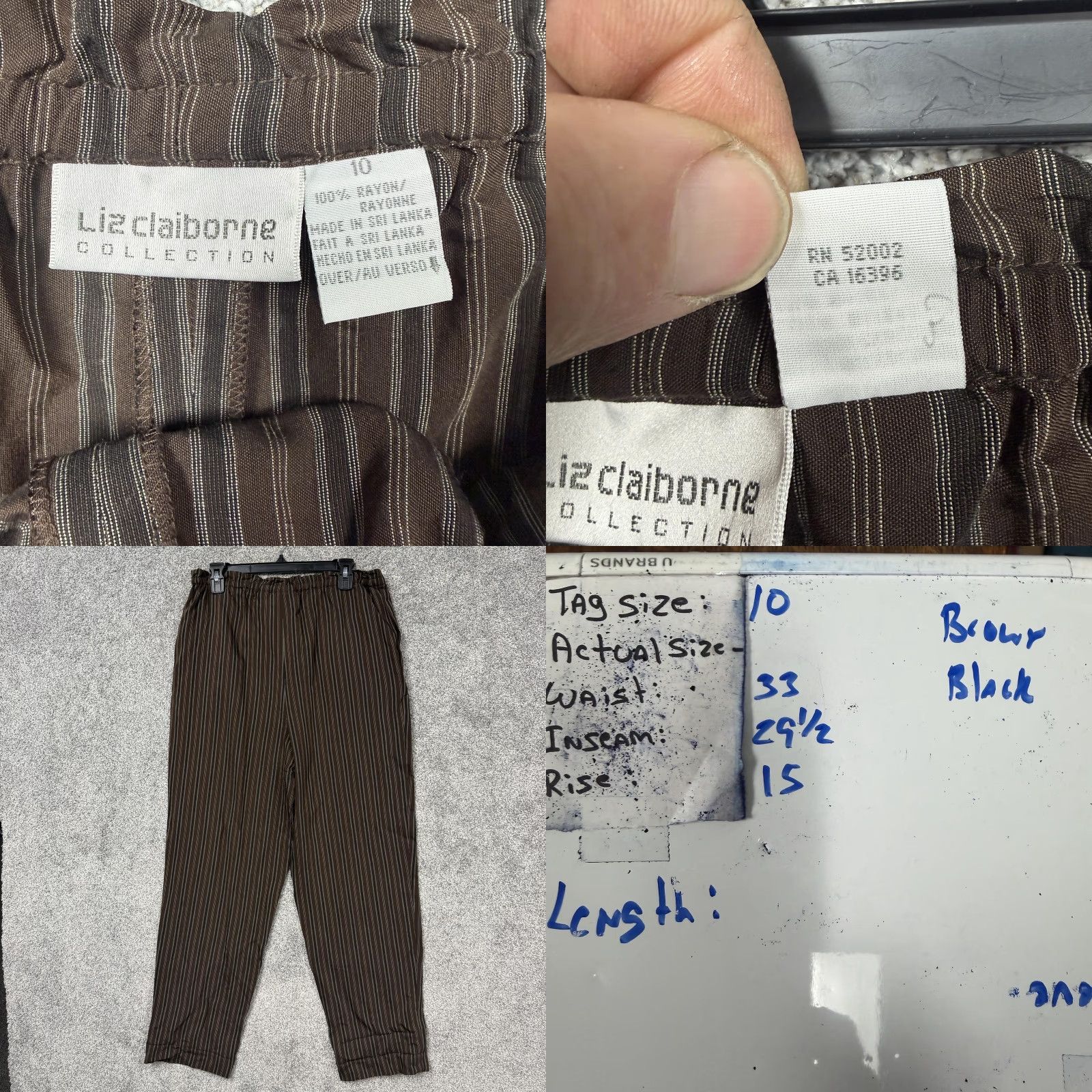 Liz Claiborne VINTAGE Liz Claiborne Collection Pants Women 10 Brown Striped Elastic Waist Pockets Lightweight Rayon 29.5in Inseam Casual Business Mens Womens Girls? Size 32" / US 10 / IT 46 - 8 Thumbnail