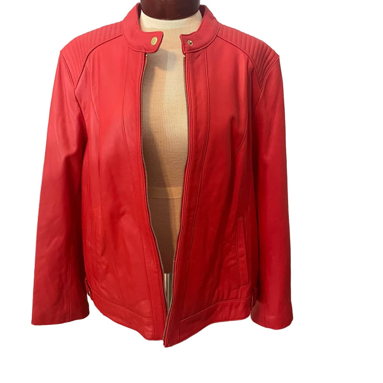 image of Cole Haan NWT Red Leather Moto Jacket $550 Gold Lambskin, Women's (Size 2XL)