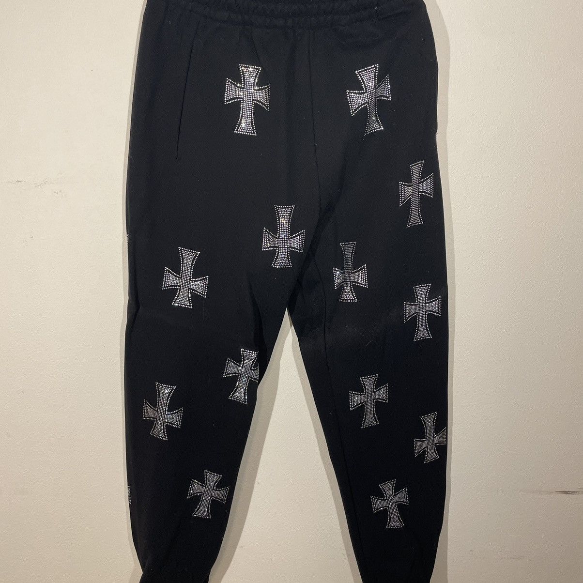 image of Unknown London Cross Rhinestone Sweatpants in Black, Men's (Size Small)