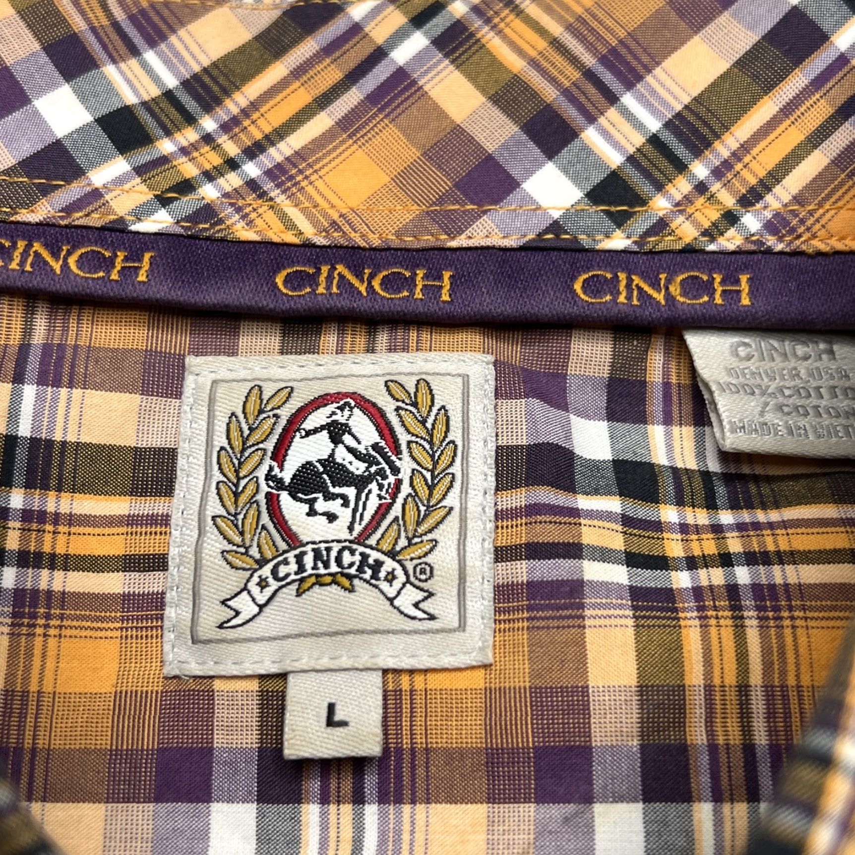 Vintage CINCH Button-Down Shirt Men’s Large Plaid Short Sleeve Cotton Yellow Purple Size US L / EU 52-54 / 3 - 2 Thumbnail