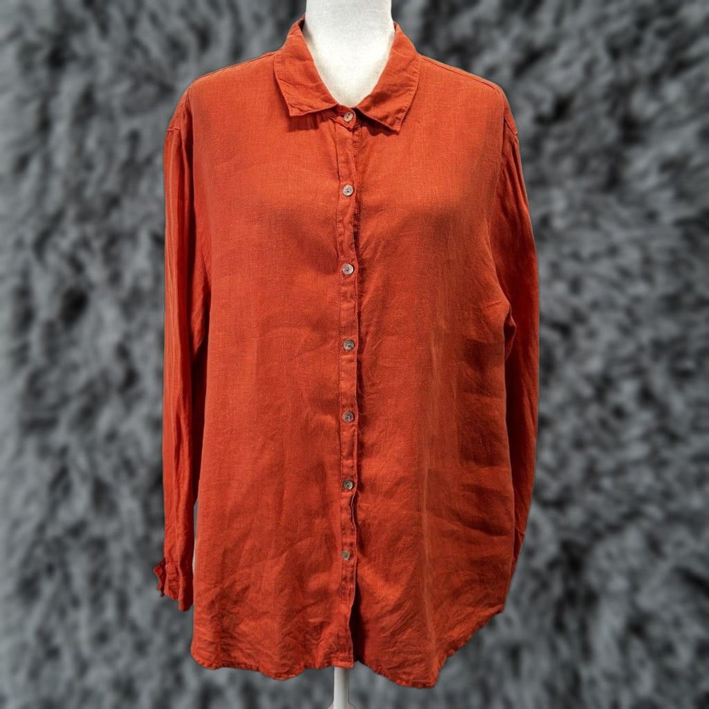 Taos VINTAGE Taos Ready Trading 100% Linen Women's Tunic Top Shirt XL Long Sleeve Collared Orange Pink Button Up Size XL / US 12-14 / IT 48-50 - 1 Thumbnail