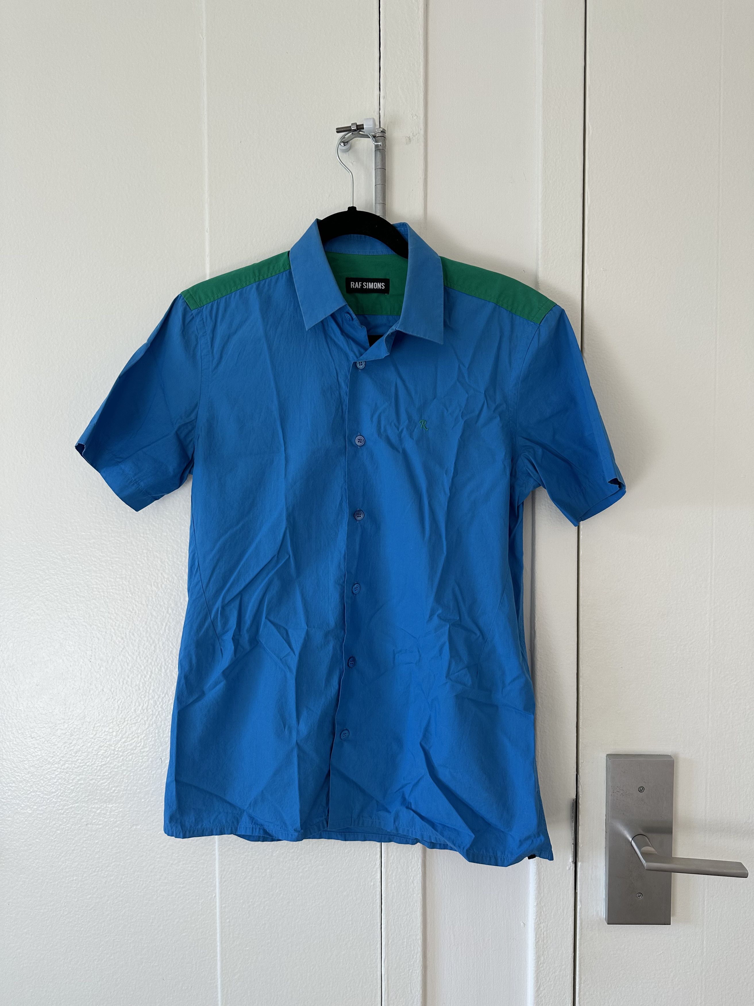 image of Raf Simons Colorblock Short Sleeve Button Up Shirt in Green/Blue, Men's (Size Small)