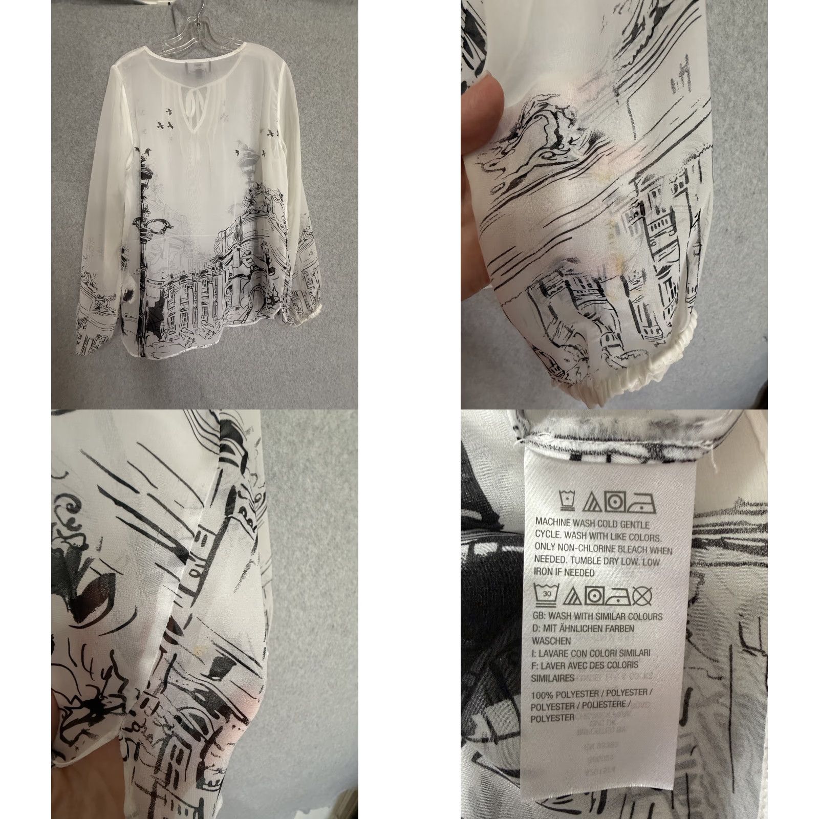 Vintage Dennis by Dennis Basso Blouse Womens 10 White City Scenic Print Sheer Tunic Top Size L / US 10 / IT 46 - 9 Thumbnail