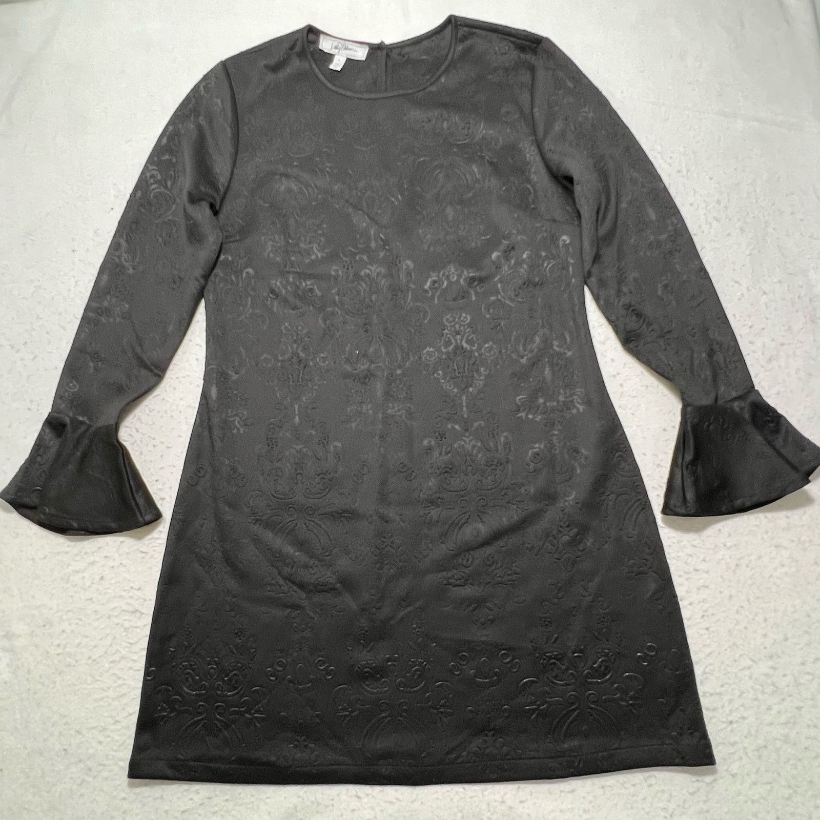 JCPenney Libby Edelman Black Patterned Embossed Bell Sleeve Dress Size L / US 10 / IT 46 - 1 Thumbnail