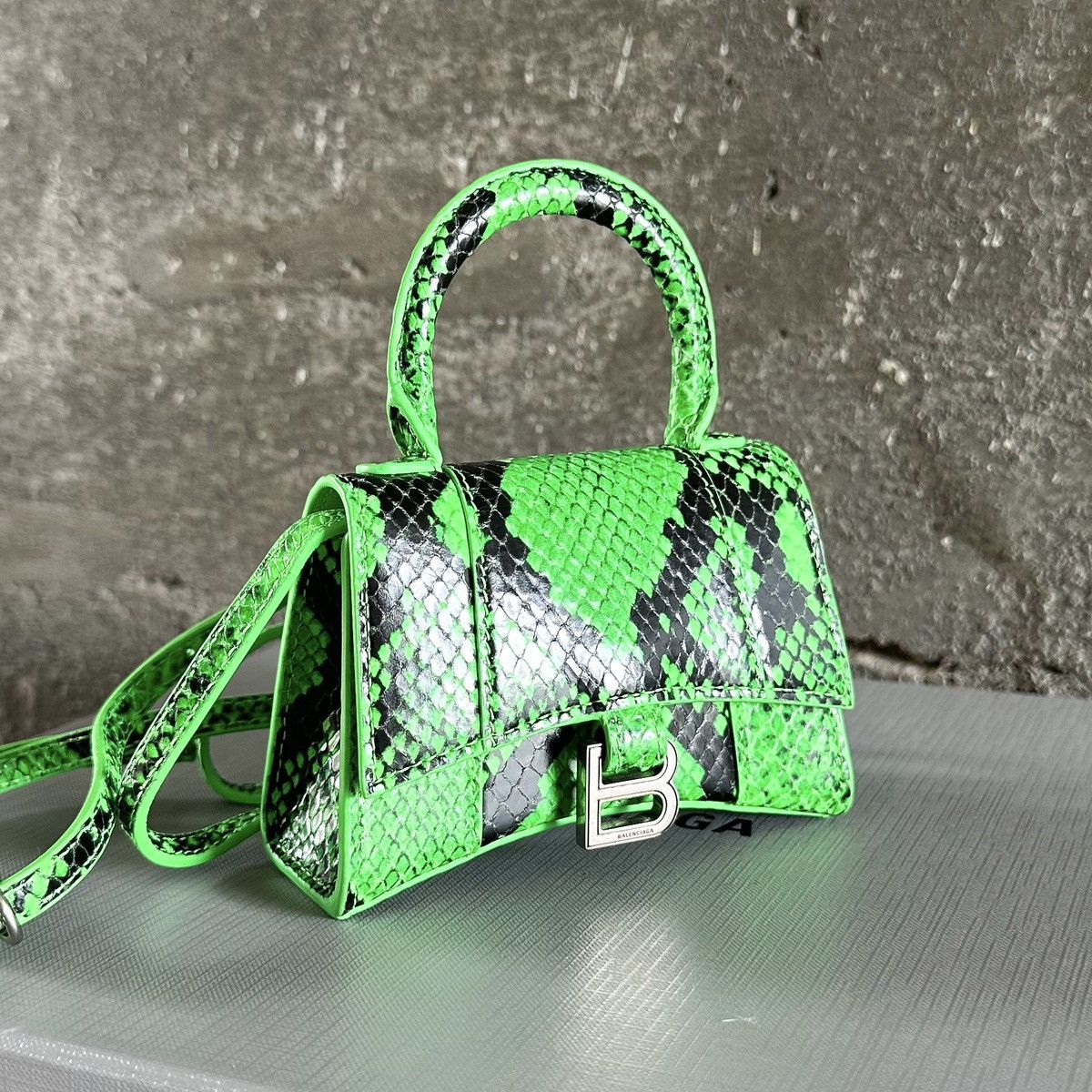Balenciaga Vegan Python Leather Hourglass Mini Top Handle Bag in Green, Women's