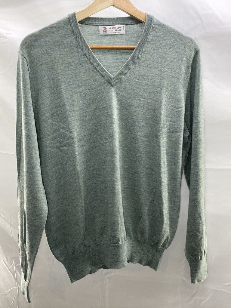 Brunello Cucinelli BRUNELLO CUCINELLI Green V Neck Cashmere Silk Sweater Size US M / EU 48-50 / 2 - 1 Thumbnail