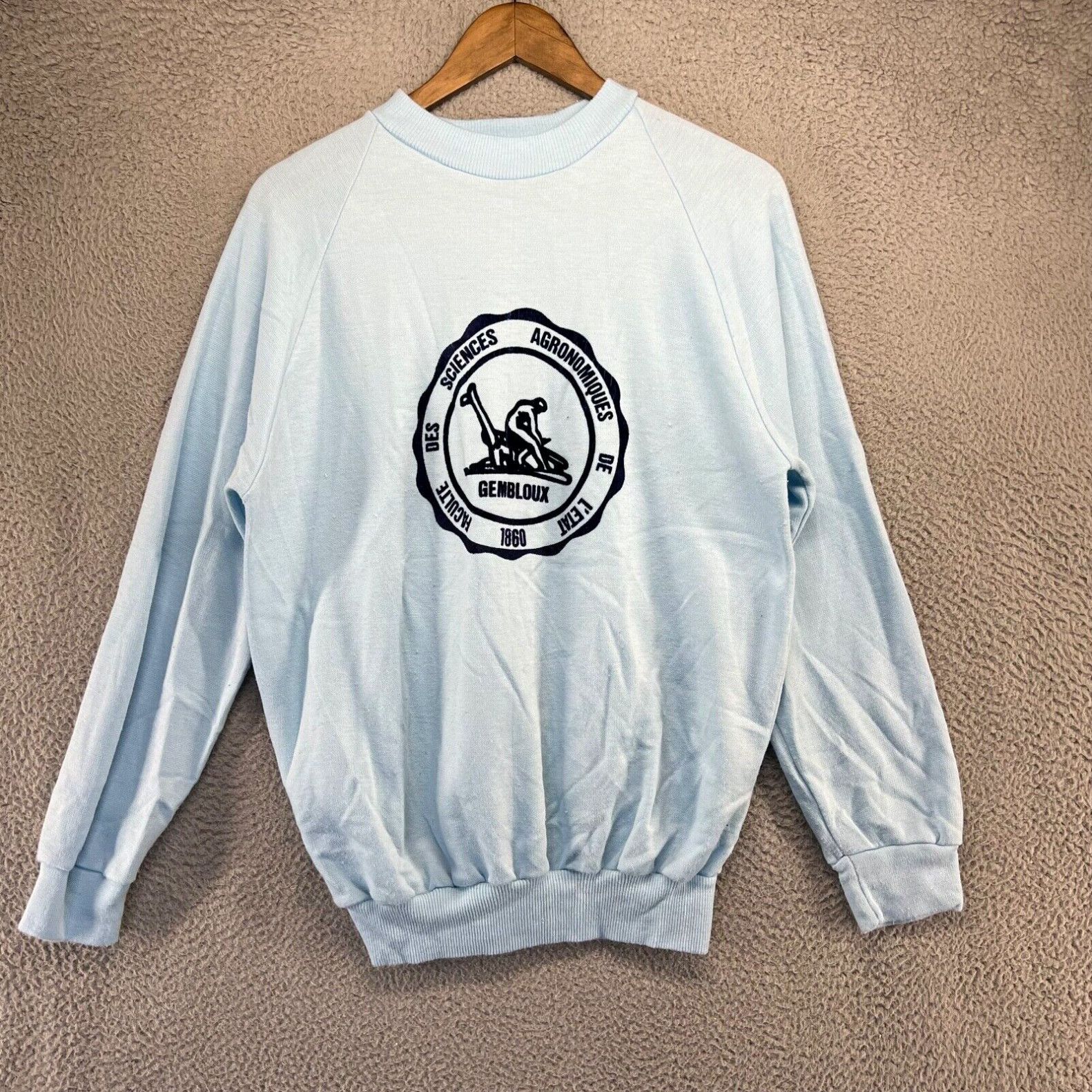 image of Vintage Gembloux Sweatshirt Men's XL Blue Raglan Crewneck Flock 70's College in White