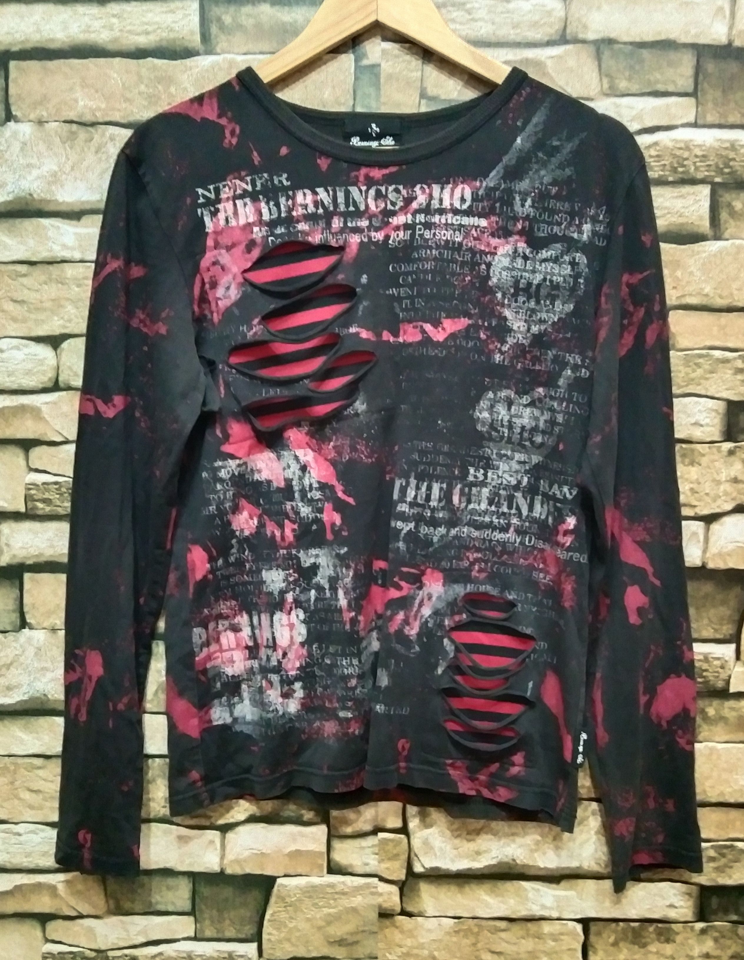image of Hysteric Glamour x Seditionaries Berning Sho Japan Distressed Long Sleeve Shirt in Black/Red (Size 