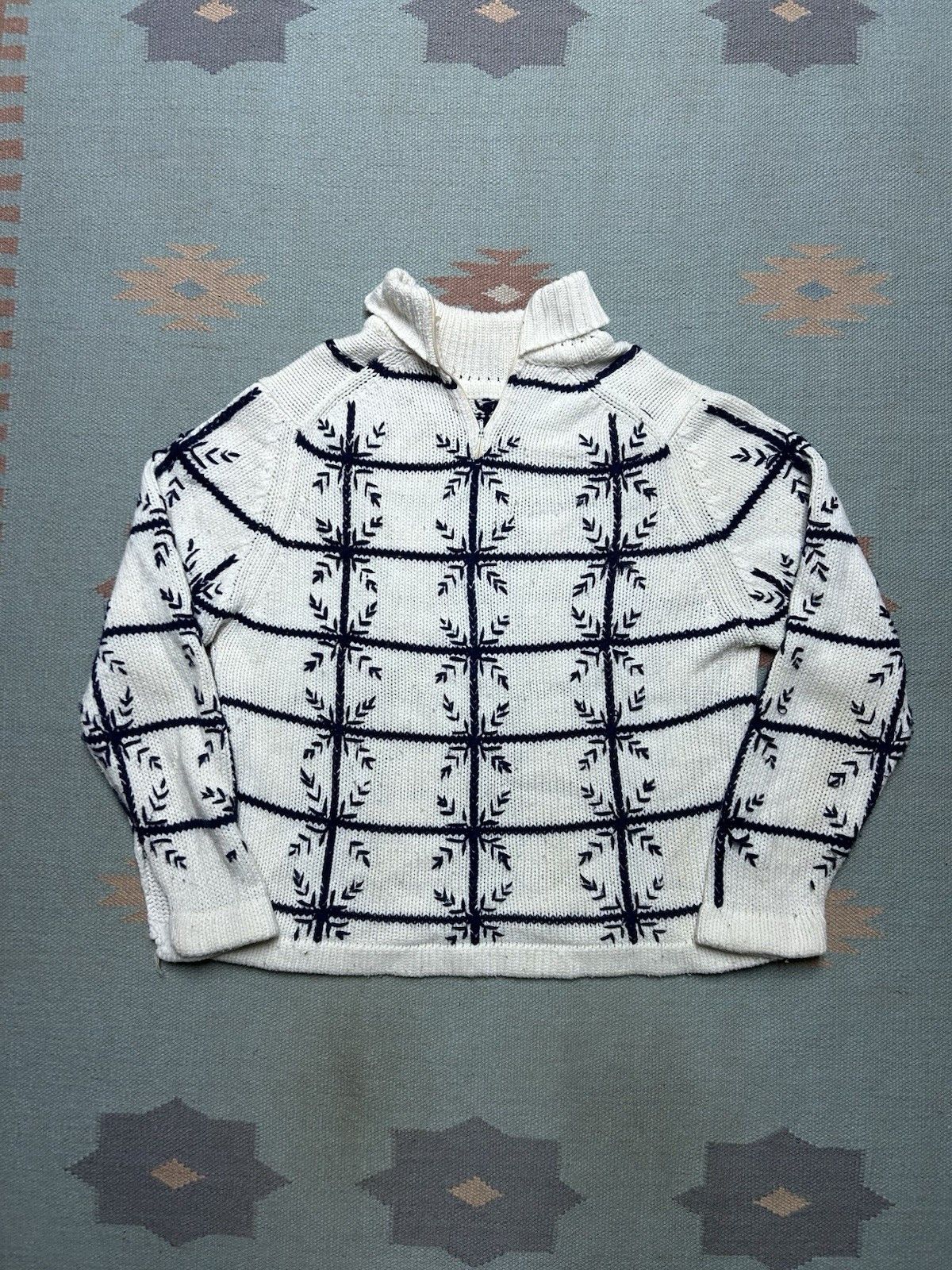 Vintage 70s acrylic knit sweater hand loomed snowflake windowpane L Size US L / EU 52-54 / 3 - 1 Thumbnail