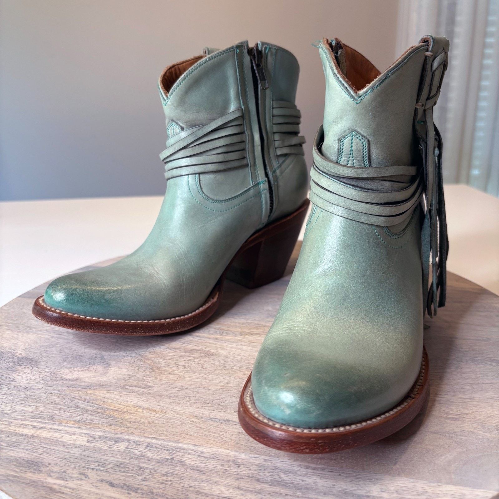 Lucchese Lucchese Green Leather Ankle Boots Feather Tassel Size 6.5 B Size US 6.5 / IT 36.5 - 1 Thumbnail
