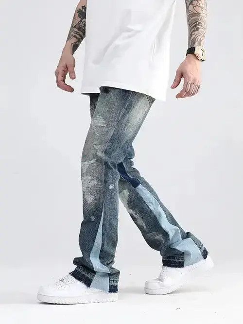 Japanese Brand VIBE Blue Speckle ink Destroyed Flared Jean Size US 33 - 2 Thumbnail