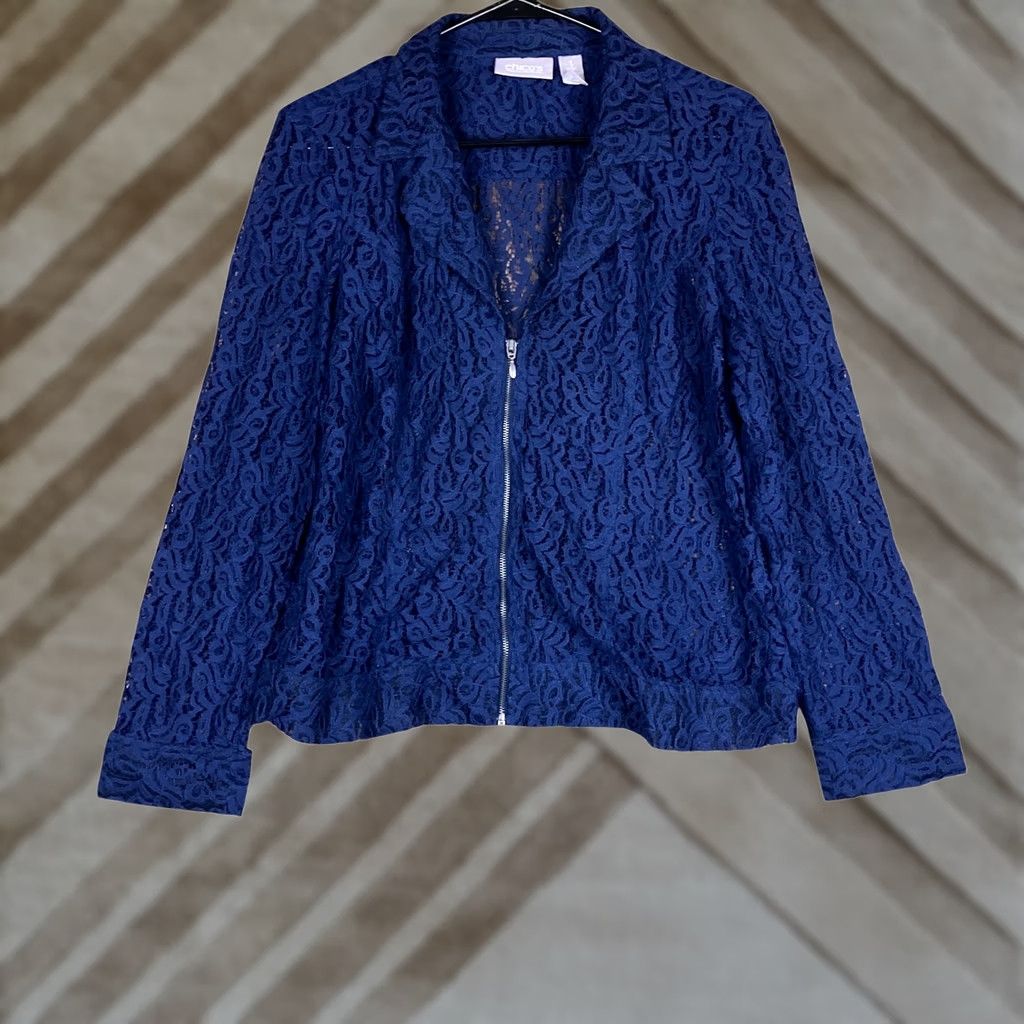 Vintage Chicos Womens Jacket Navy Floral Lace Zip Up Long Sleeve 1 (M) Jacket Womens M Navy Floral Lace Zip Up Long Sleeve Size M / US 6-8 / IT 42-44 - 1 Thumbnail