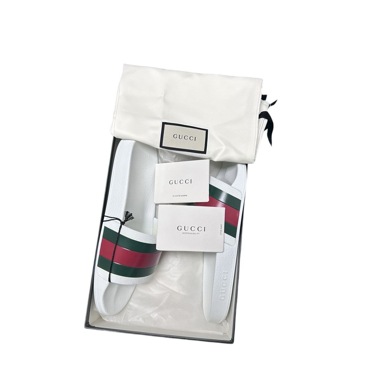 Gucci Pursuit Pool Slides Web Stripe White Size 8G BNIB