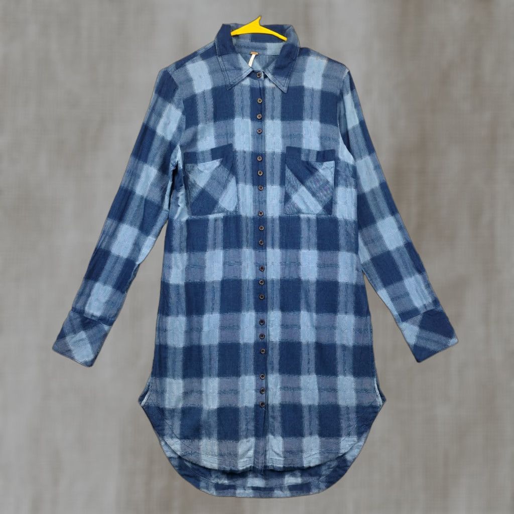 Free People Shirt Womens S Blue Plaid Button-Up Tunic Cotton Boho Relaxed Long Sleeve