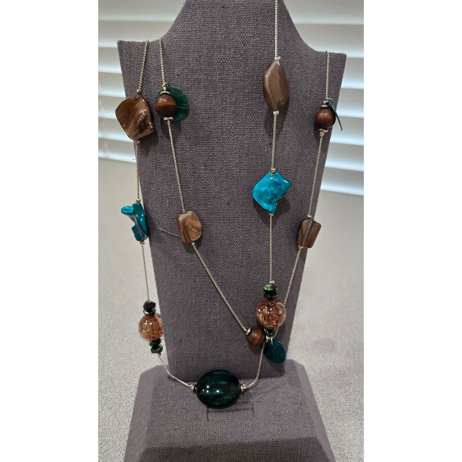 Other Silver Blue Green Stone Beads Double Strand Necklace Size ONE SIZE - 1 Thumbnail