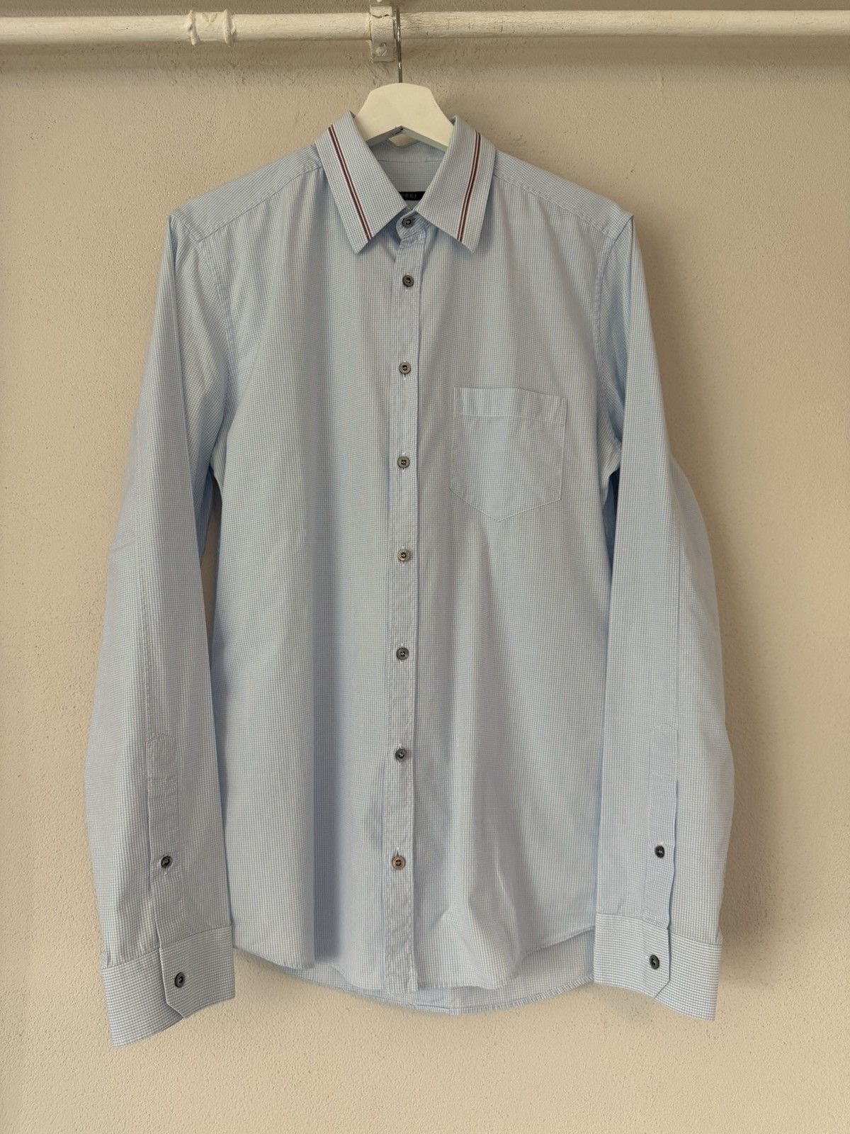 Light Blue Micro-Gingham Shirt with Striped Collar