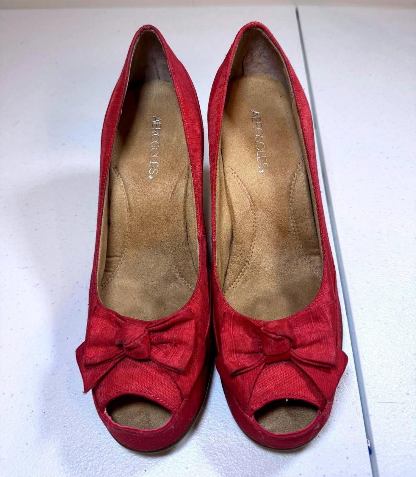 Designer Chic Red Wedge Heels with Bow Detail Size US 11 / IT 41 - 1 Thumbnail