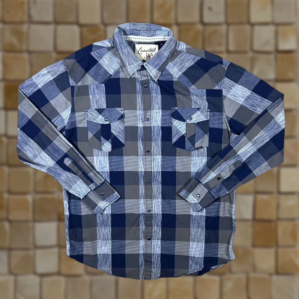 Vintage Coastal Cowboy Western Style Plaid Check Popper Long Sleeve Shirt XL Men Blue/Grey Check Popper Button-Up Size US XL / EU 56 / 4 - 1 Thumbnail